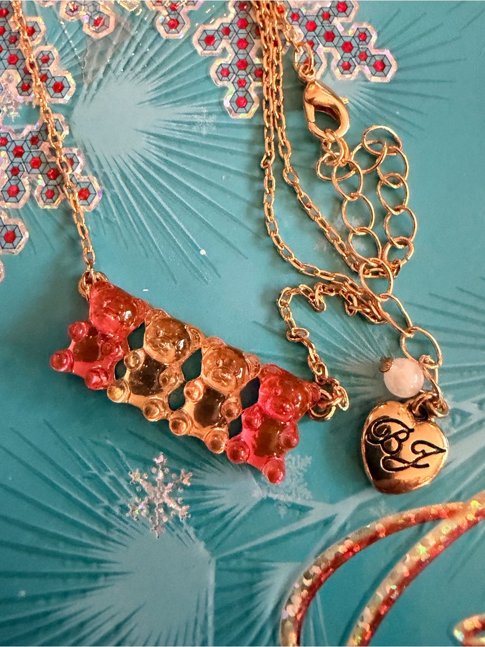 Betsey Johnson Pink and Gold Gummy Bear Row Necklace